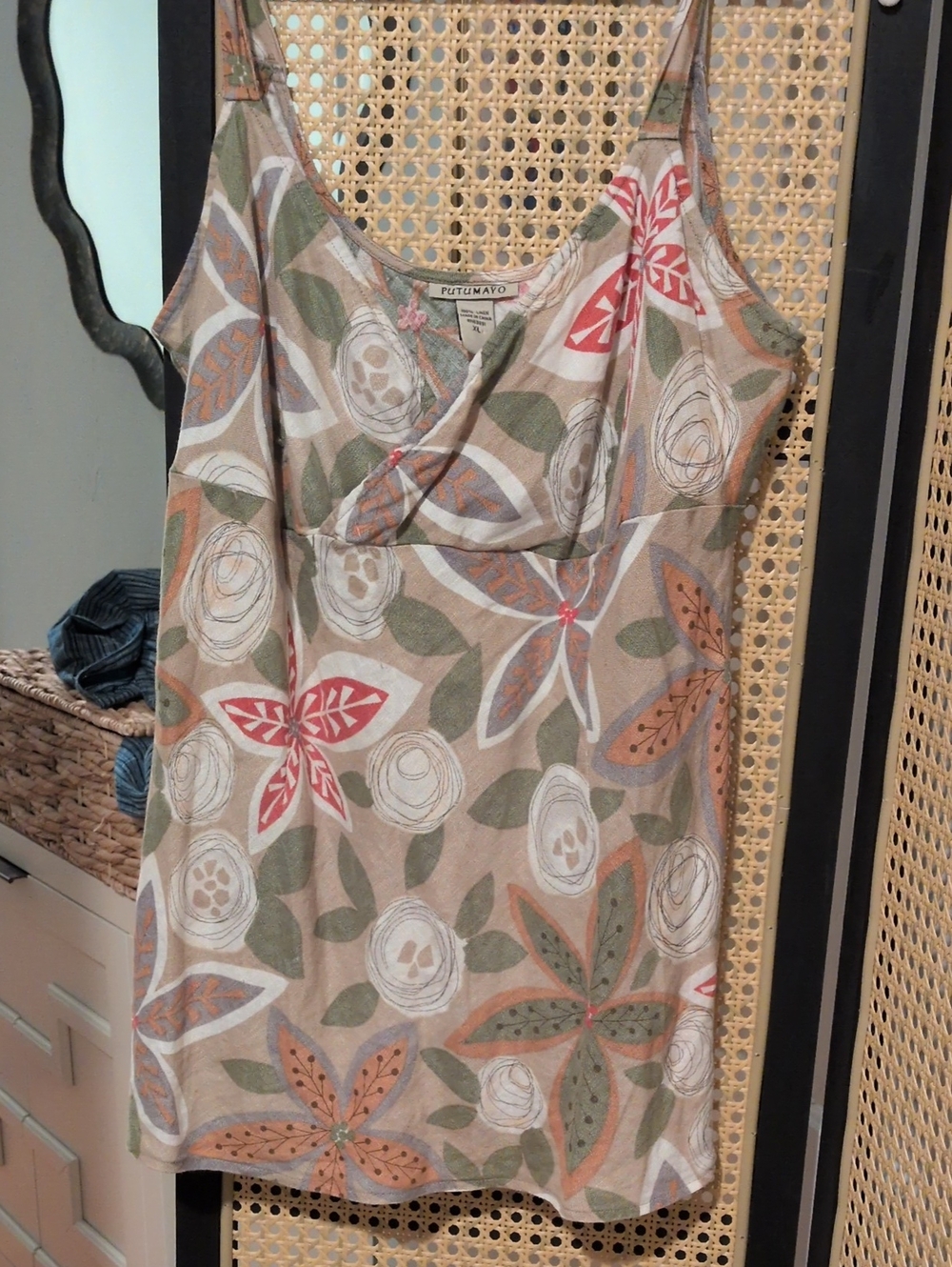 Putumayo Beige Floral Top with Wrap Detail And Green and Orange Accents